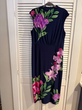 Floral Navy Sleeveless Midi Dress with Pink & Purple Blooms